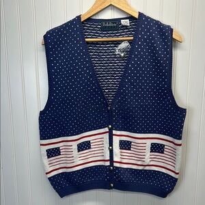 Vintage American Flag Birds Eye Knit Cardigan Vest Sweater Sz L Embossed Buttons